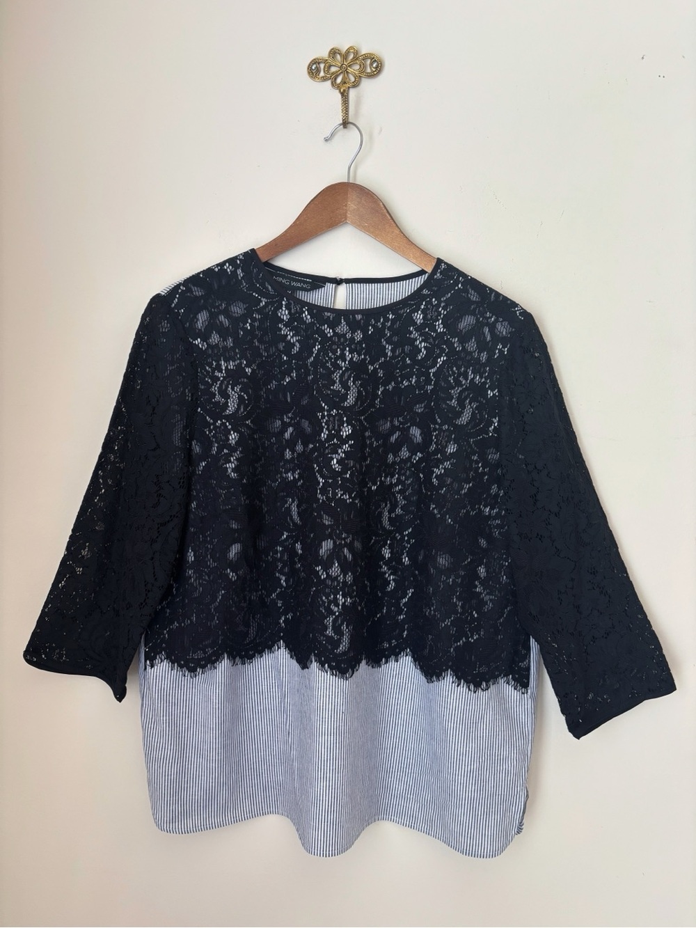 Ming Wang Striped Linen Blend Lace Layered Top Medium